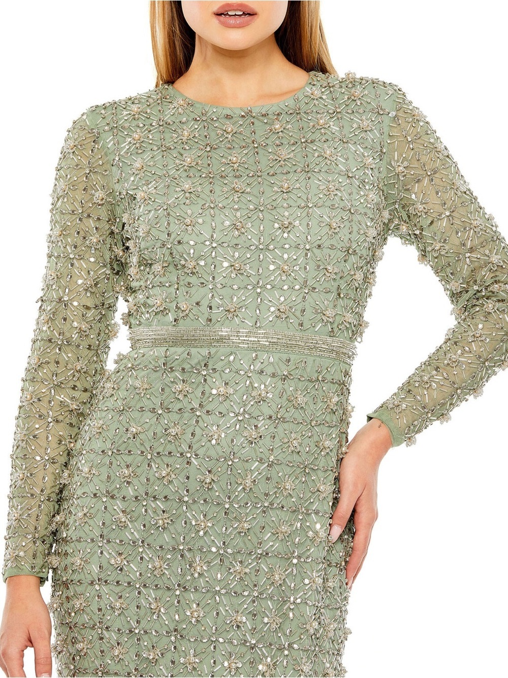 Mac Duggal 93827 Green Long Sleeve High Neck Beaded Gown Size 14 NWT - Picture 2 of 11